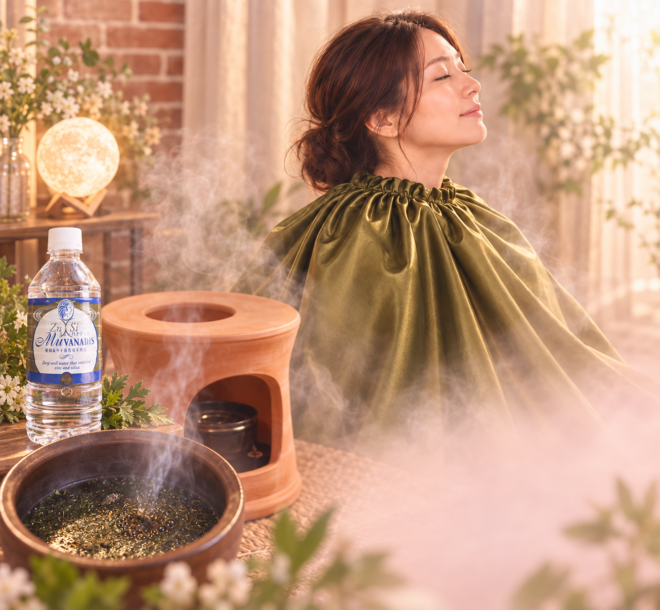 黄土のよもぎ蒸し座器、オリーブ色のマントでくつろぐ女性モデル、水を組み合わせたイメージ